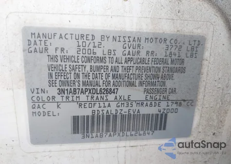 2013 Nissan Sentra Sv z USA, uszkodzony, nr VIN 3N1AB7APXDL626847